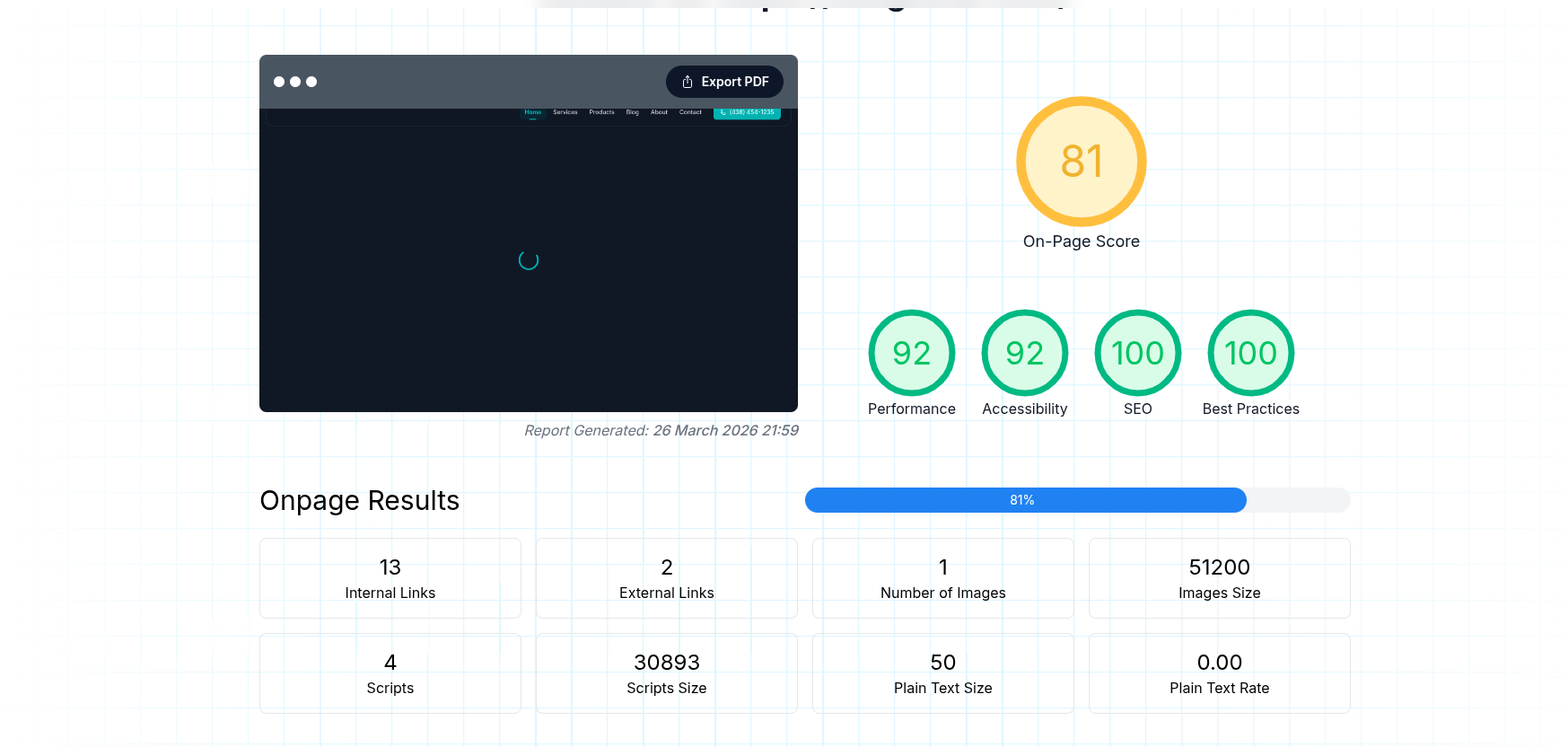 Example of a score-based SEO audit output focused on checklist points and a single score.