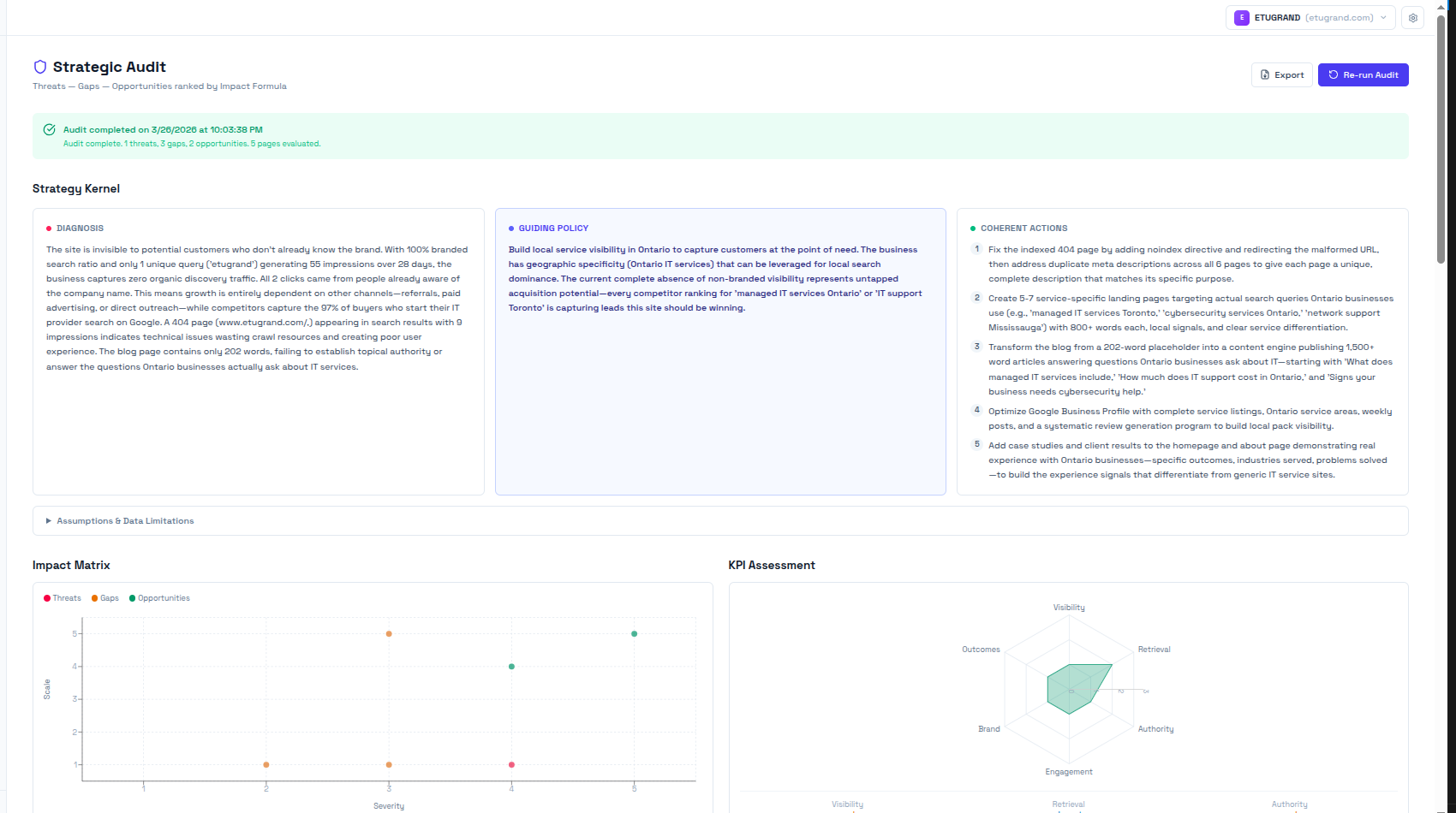 Strategic audit finding prioritized by impact showing severity, scale, and page importance.